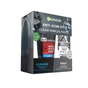 Garnier AHA+BHA Charcoal Serum + Pure Active 3-in-1 Charcoal Mask (Anti Acne Skin Care Kit)