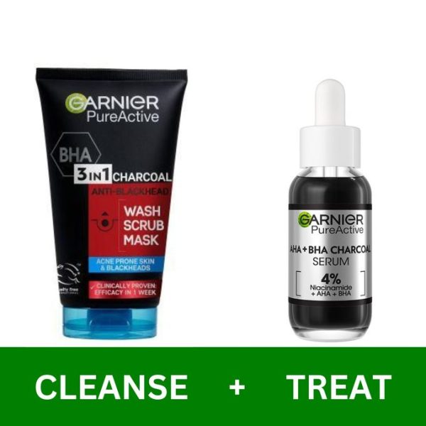 Garnier AHA+BHA Charcoal Serum + Pure Active 3-in-1 Charcoal Mask (Anti Acne Skin Care Kit) - Image 2